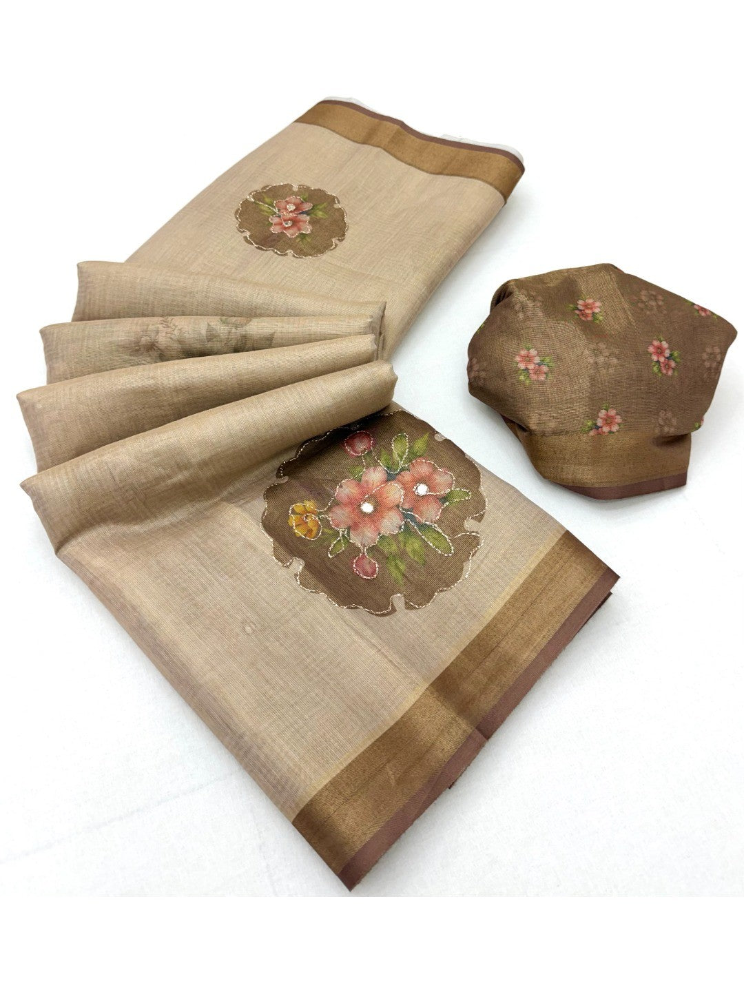 Beige Cotton Blend Saree with Brown Floral Pattern Ethnic Wear - Image 3