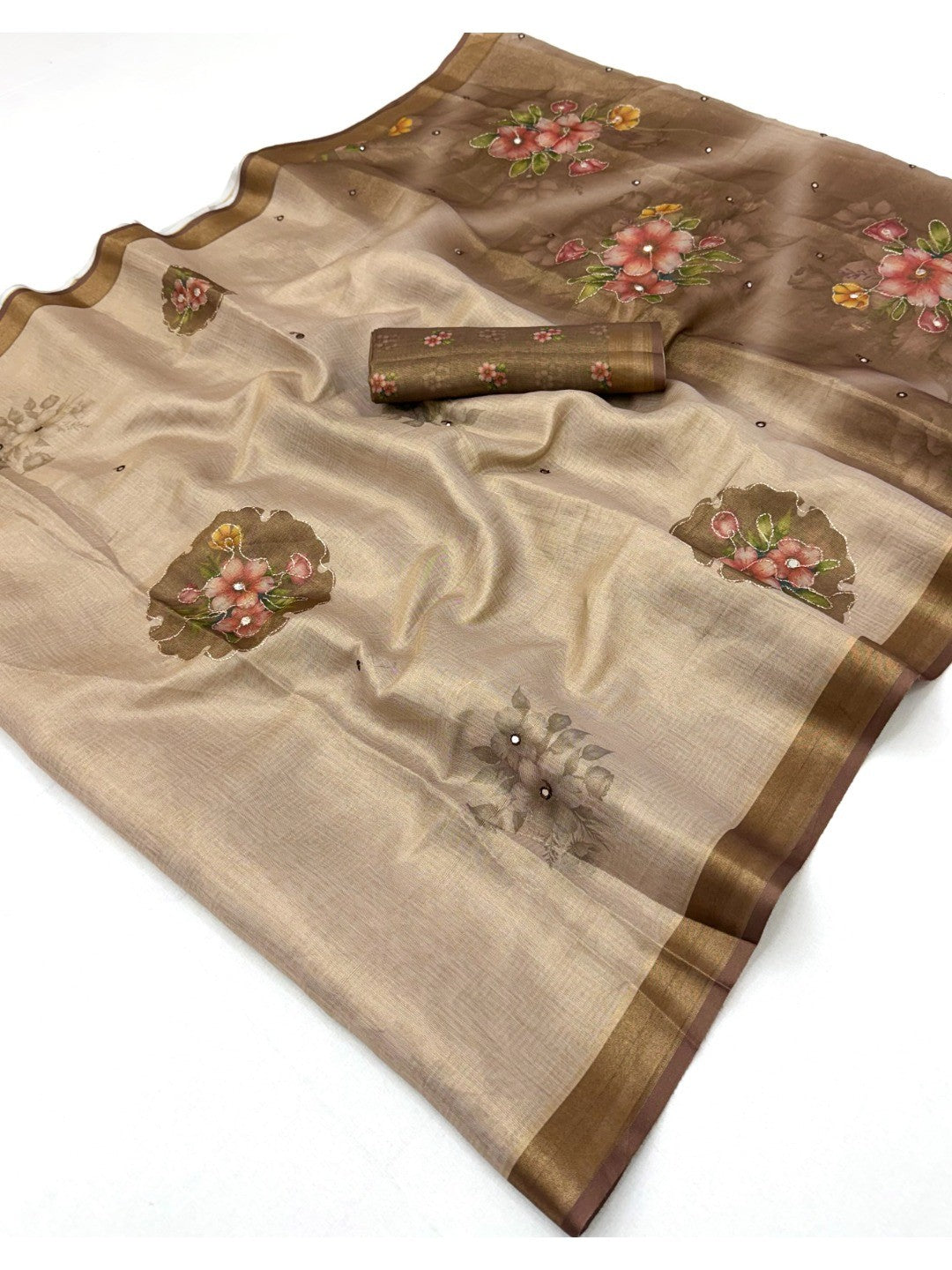 Beige Cotton Blend Saree with Brown Floral Pattern Ethnic Wear - Image 2