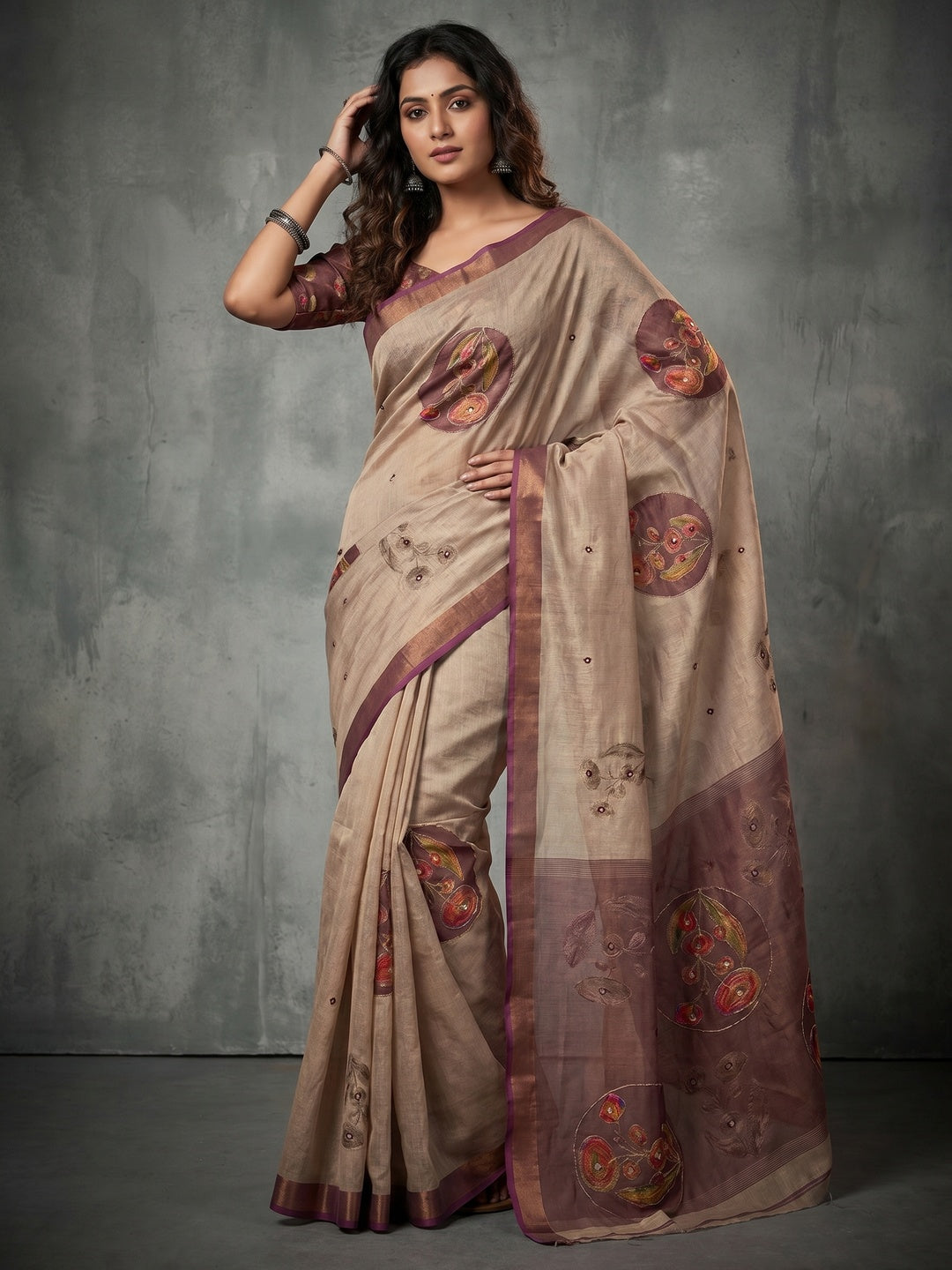 Beige Cotton Blend Saree with Wine Floral Pattern Ethnic Wear - Image 1