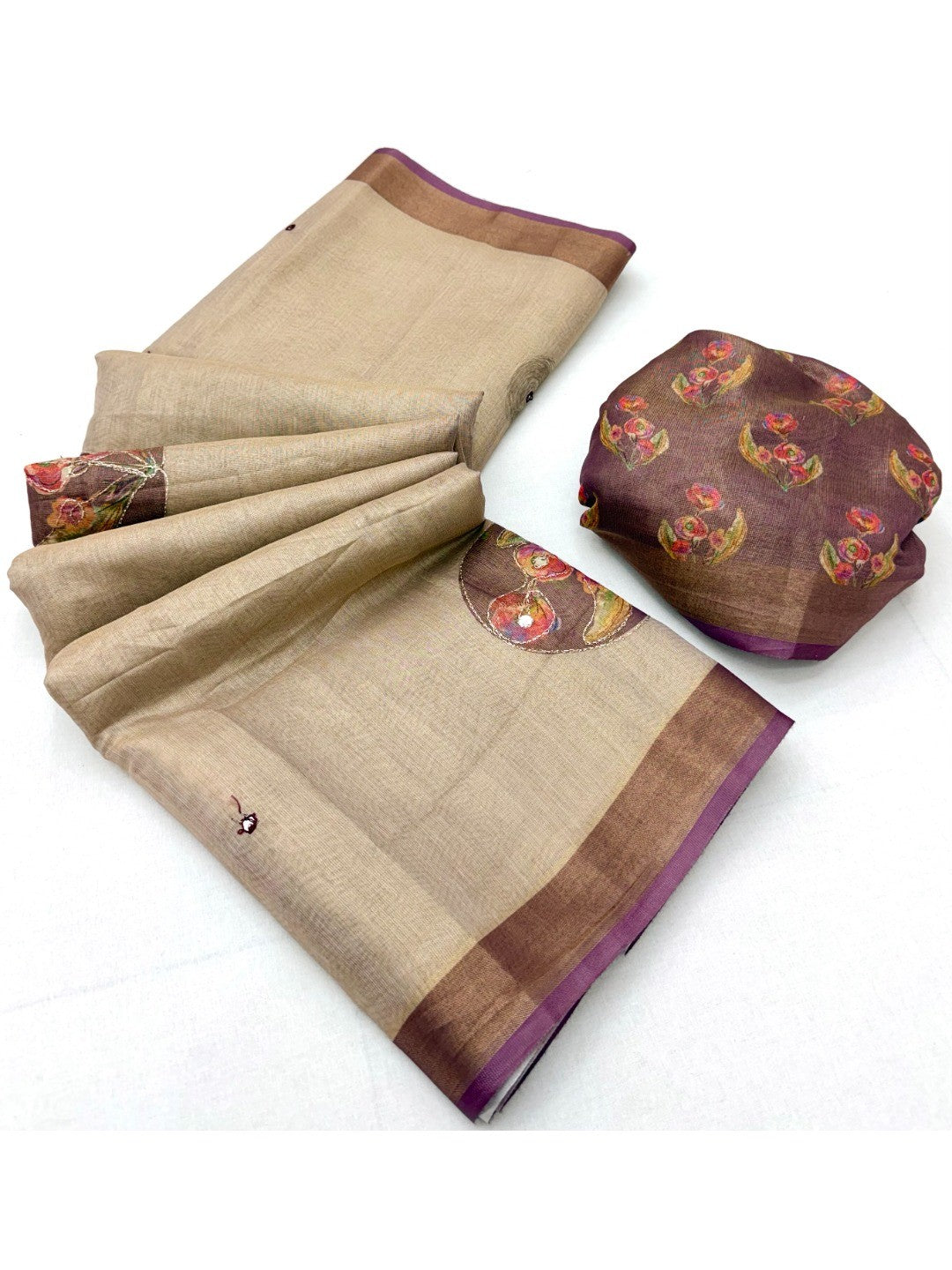 Beige Cotton Blend Saree with Wine Floral Pattern Ethnic Wear - Image 3