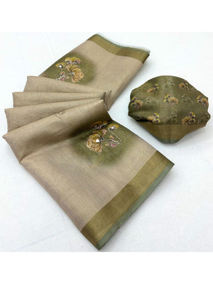 Beige Cotton Blend Saree with Green Floral Pattern Ethnic Wear - Image 2