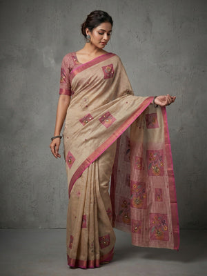 Beige Cotton Blend Saree with Pink Floral Pattern Ethnic Wear - Image 1