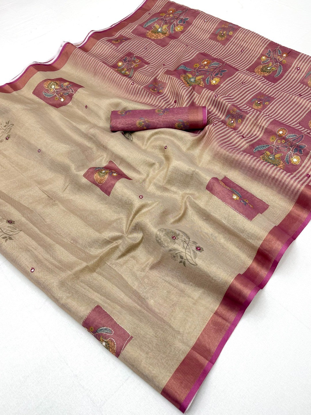 Beige Cotton Blend Saree with Pink Floral Pattern Ethnic Wear - Image 2