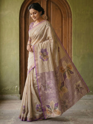 Beige Cotton Blend Saree with Purple Floral Pattern Ethnic Wear - Image 1