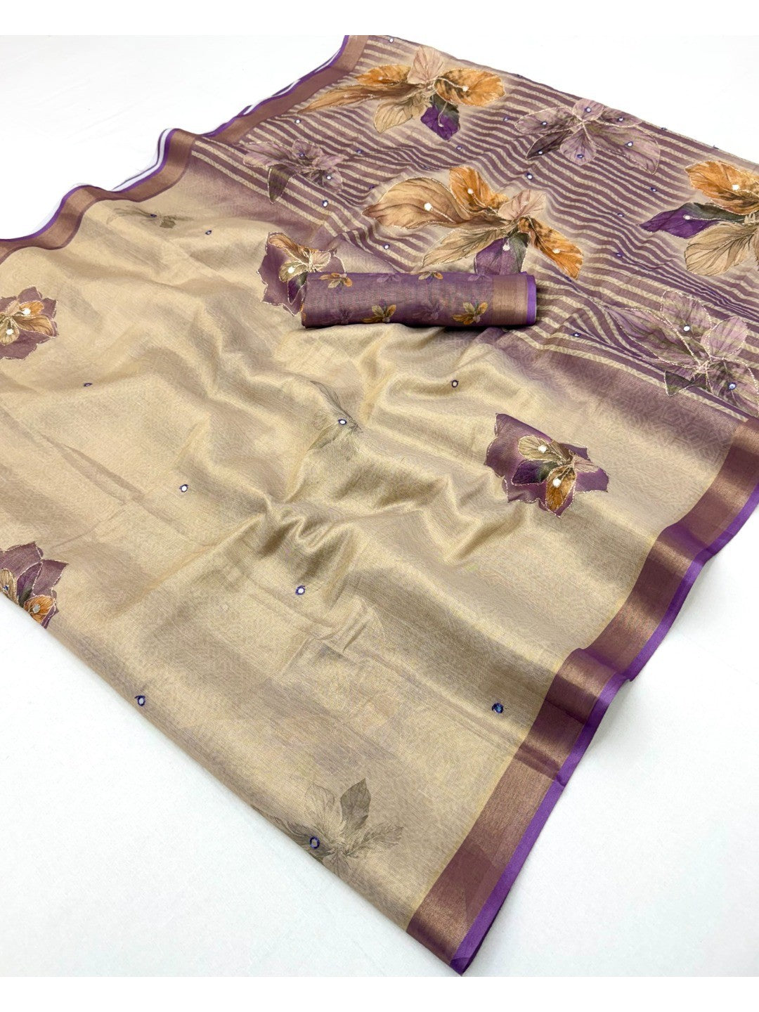 Beige Cotton Blend Saree with Purple Floral Pattern Ethnic Wear - Image 2