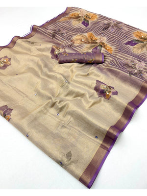 Beige Cotton Blend Saree with Purple Floral Pattern Ethnic Wear - Image 2