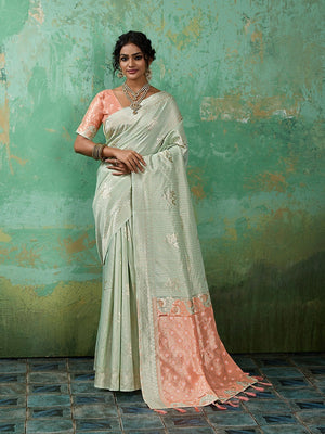 Premium Green Floral & Checks Zari Weaving Linen Saree With Vibrant Peach Tassel Pallu - Image 1