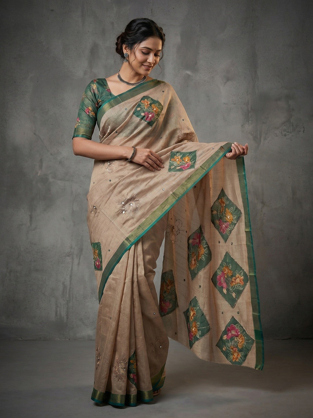 Beige Cotton Blend Saree with Rama Green Floral Pattern Ethnic Wear - Image 1