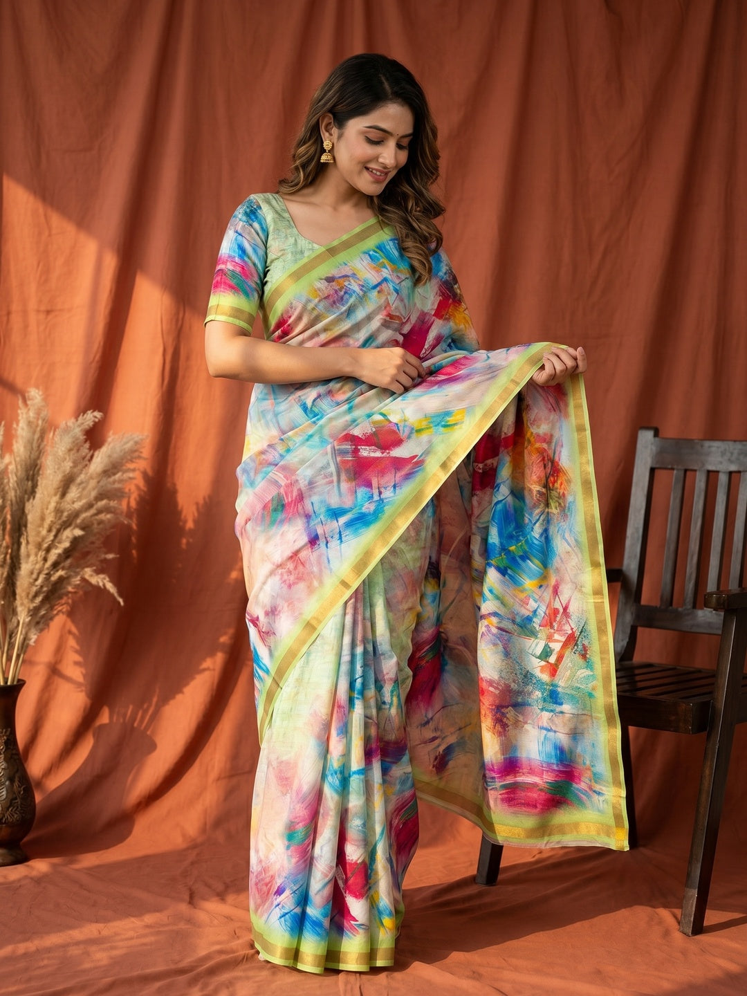 Multicolor Dola Silk Saree with Digital Print and Zari Border - Image 1