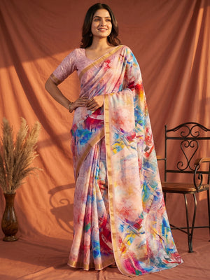 Multicolor Digital Print Dola Silk Saree with Zari Border - Image 1