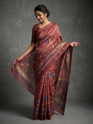 Elegant Dark Peach Pure Cotton Saree with Digital Print and Zari Border - Image 1