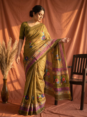 Olive Pure Cotton Saree with Digital Print and Zari Border - Image 1