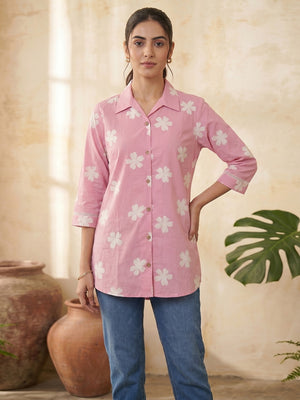 Baby Pink Pure Cotton Top with Floral Print Lightweight Casual Style - Image 1