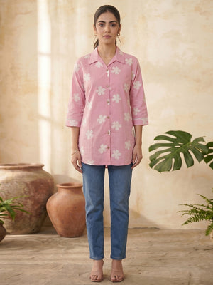 Baby Pink Pure Cotton Top with Floral Print Lightweight Casual Style - Image 2