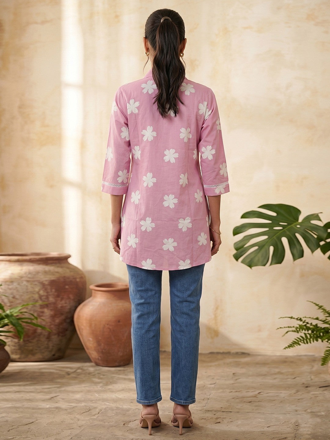 Baby Pink Pure Cotton Top with Floral Print Lightweight Casual Style - Image 4