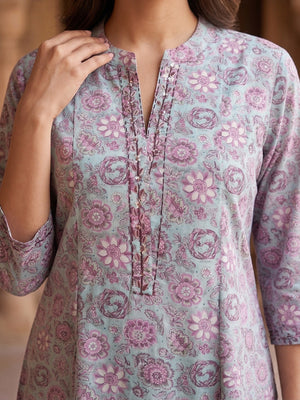 Aqua Blue Floral Printed A Line Muslin Top Trendy Comfortable Outfit - Image 2