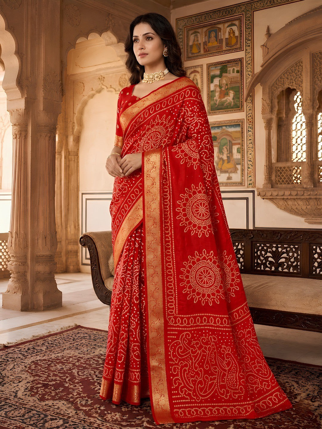 Peachmode Red Dola Silk Saree with Bandhani print and zari border - Image 1