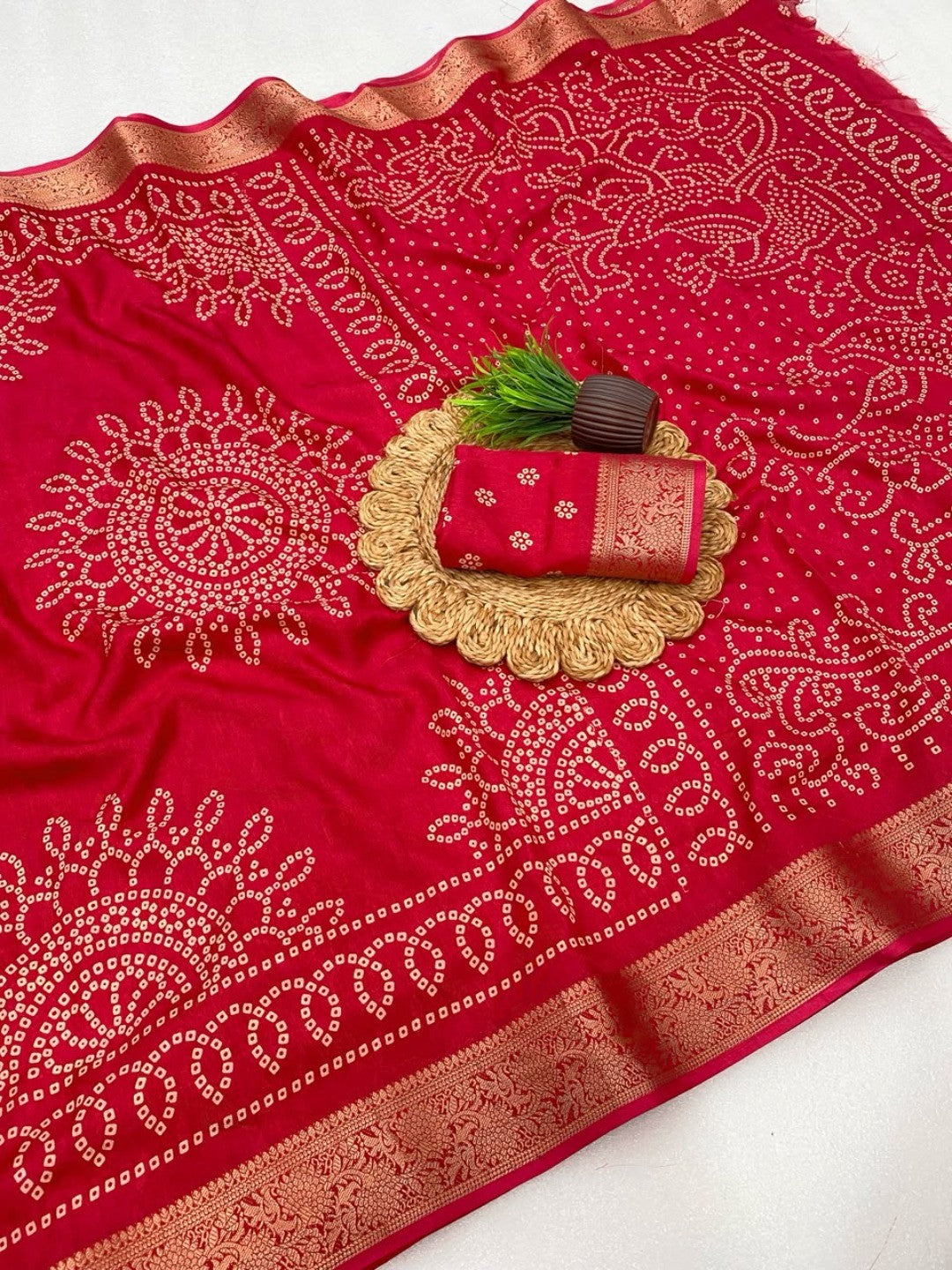 Peachmode Red Dola Silk Saree with Bandhani print and zari border - Image 3