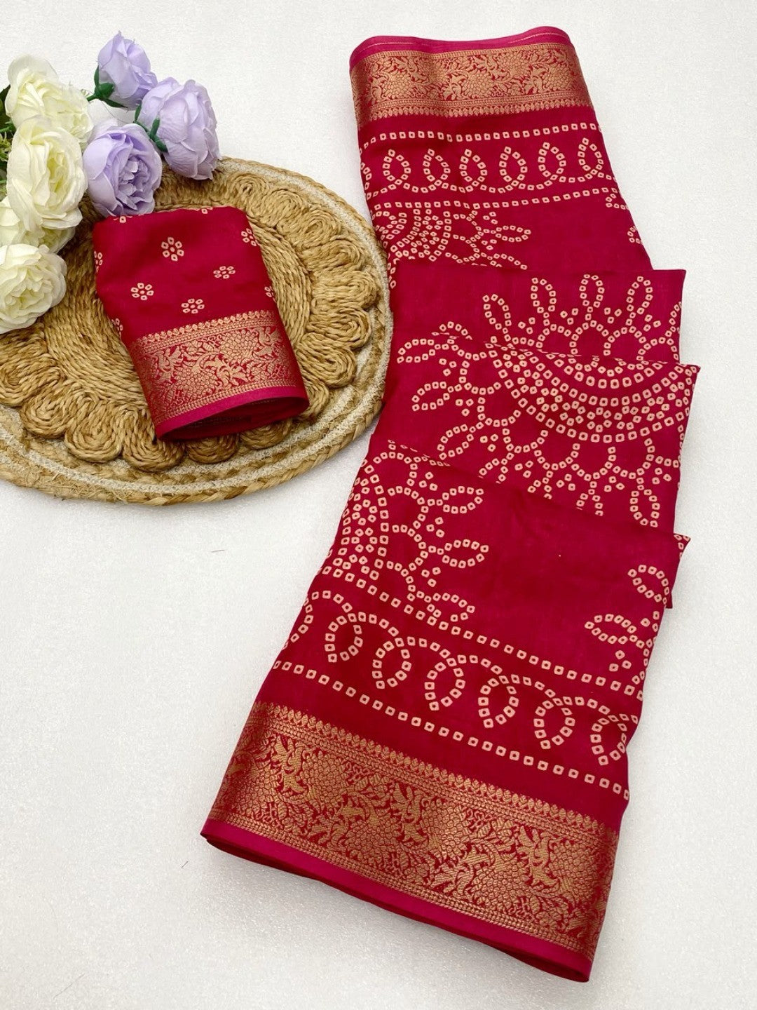 Peachmode Red Dola Silk Saree with Bandhani print and zari border - Image 2