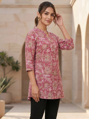 Pink Floral Printed Pure Cotton A-Line Casual Top - Image 2