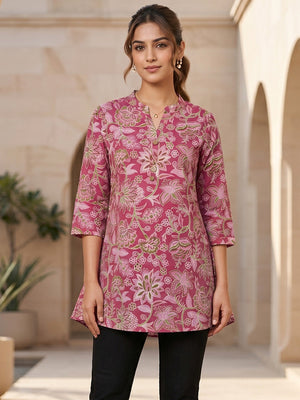 Pink Floral Printed Pure Cotton A-Line Casual Top - Image 1