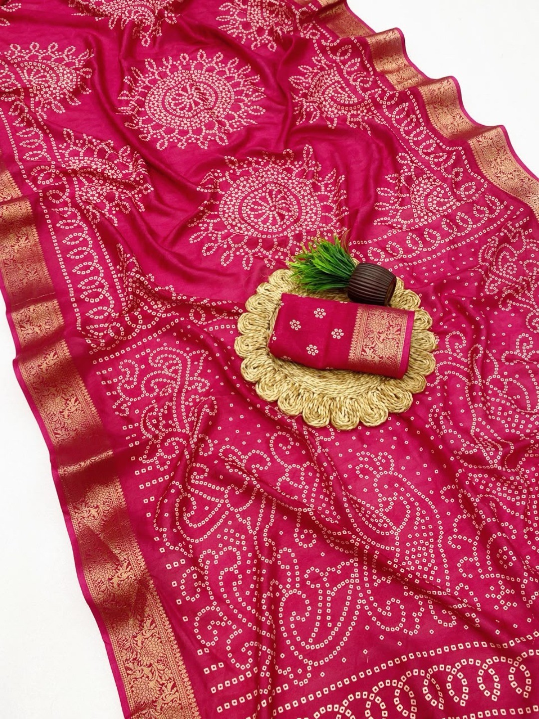 Peachmode Pink Dola Silk Saree with Bandhani print and zari border - Image 2