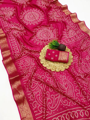Peachmode Pink Dola Silk Saree with Bandhani print and zari border - Image 2
