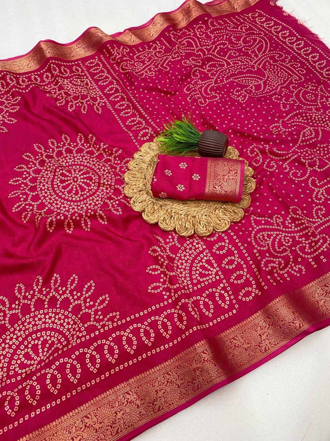 Peachmode Pink Dola Silk Saree with Bandhani print and zari border - Image 3