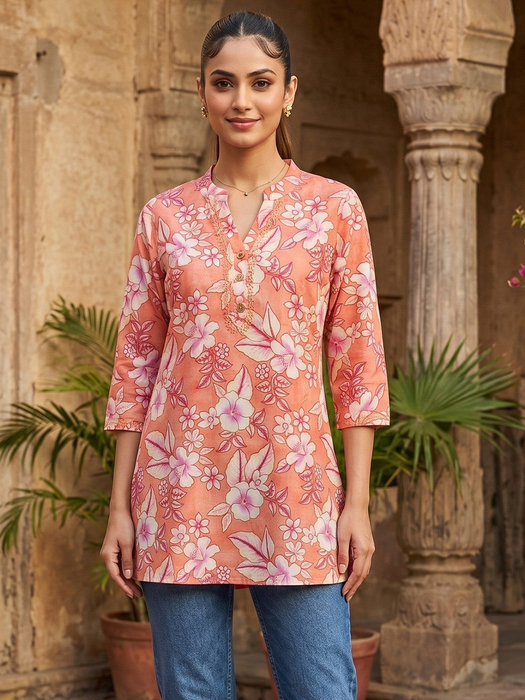Peach Floral Printed Pure Cotton A-Line Casual Top - Image 1