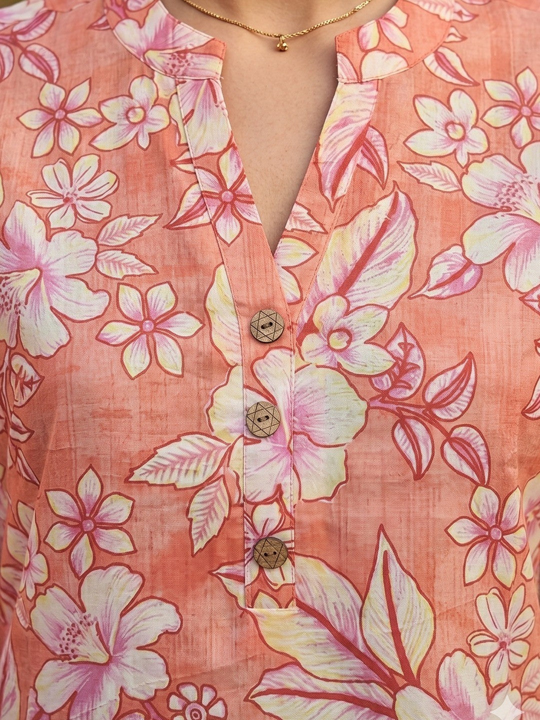 Peach Floral Printed Pure Cotton A-Line Casual Top - Image 2