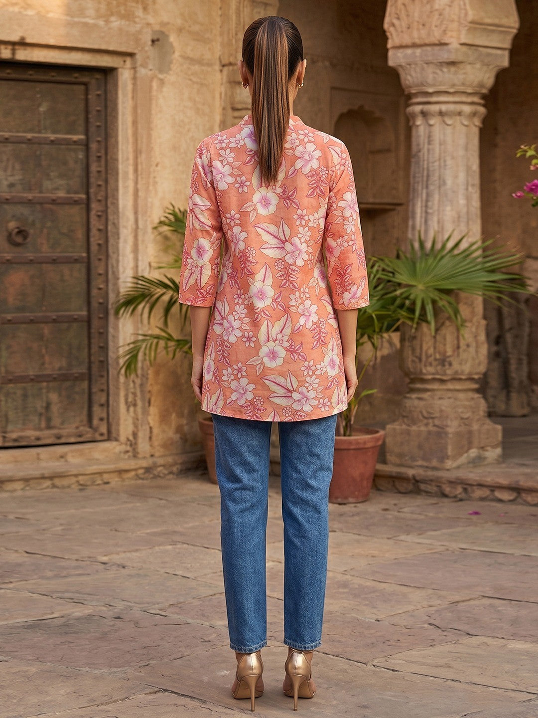 Peach Floral Printed Pure Cotton A-Line Casual Top - Image 3
