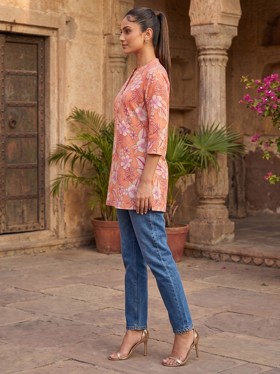 Peach Floral Printed Pure Cotton A-Line Casual Top - Image 4