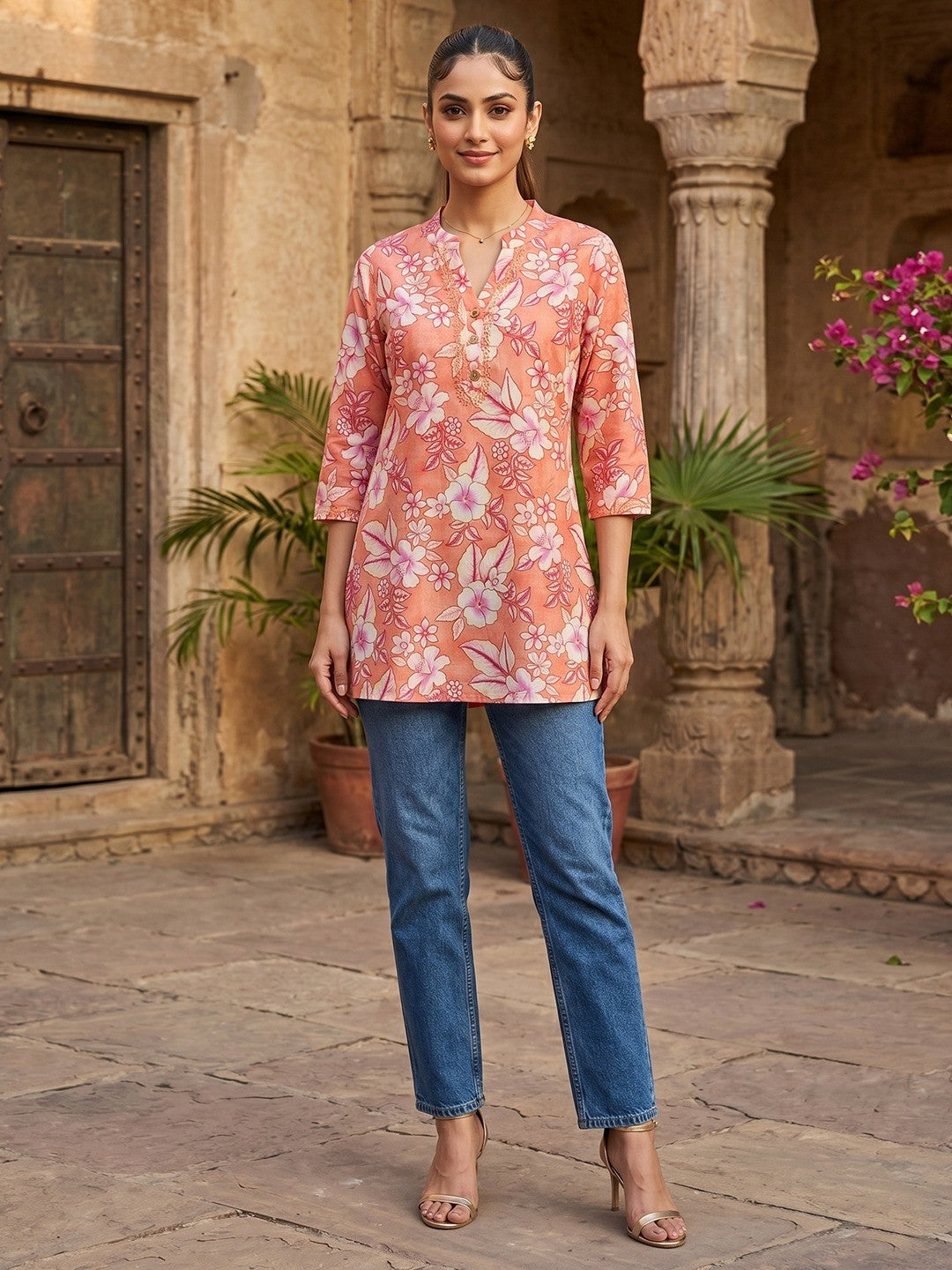 Peach Floral Printed Pure Cotton A-Line Casual Top - Image 5