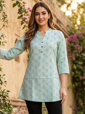 Sea Green Floral Printed Pure Cotton A-Line Casual Top - Image 1