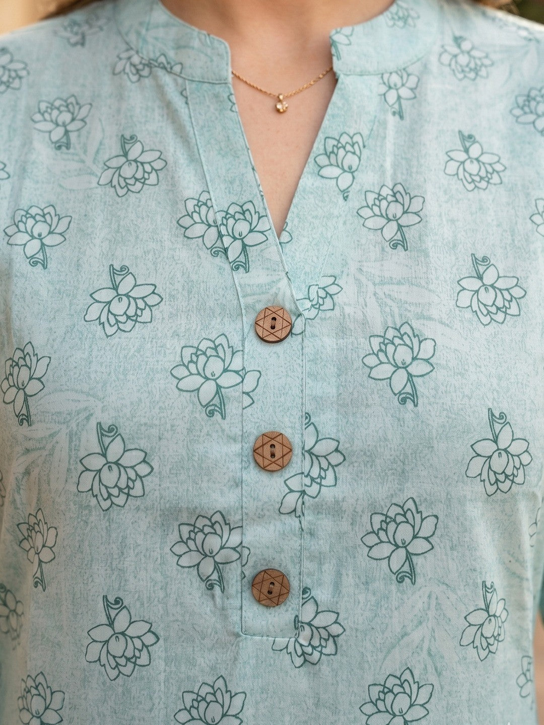 Sea Green Floral Printed Pure Cotton A-Line Casual Top - Image 5