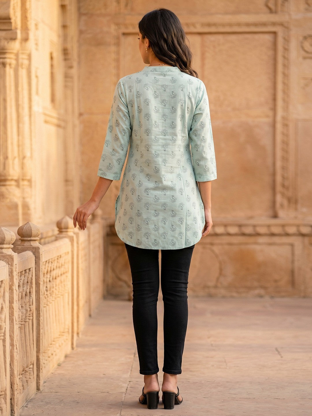 Sea Green Floral Printed Pure Cotton A-Line Casual Top - Image 4