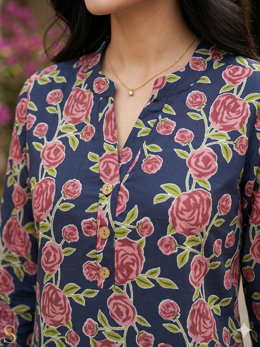 Navy Blue Floral Printed Pure Cotton A-Line Casual Top - Image 2