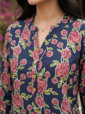 Navy Blue Floral Printed Pure Cotton A-Line Casual Top - Image 2