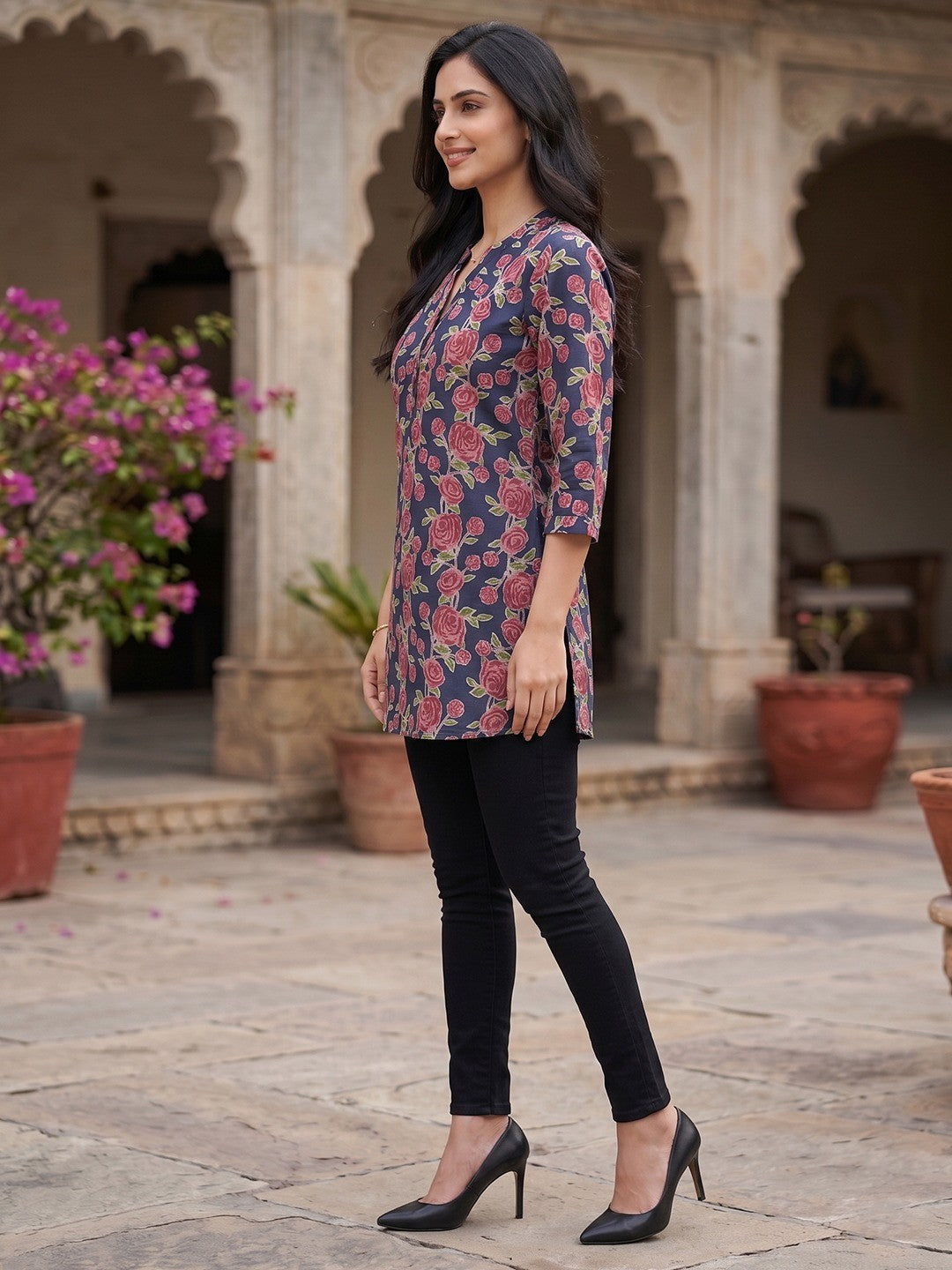 Navy Blue Floral Printed Pure Cotton A-Line Casual Top - Image 4