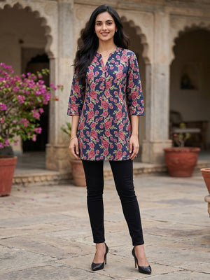 Navy Blue Floral Printed Pure Cotton A-Line Casual Top - Image 2