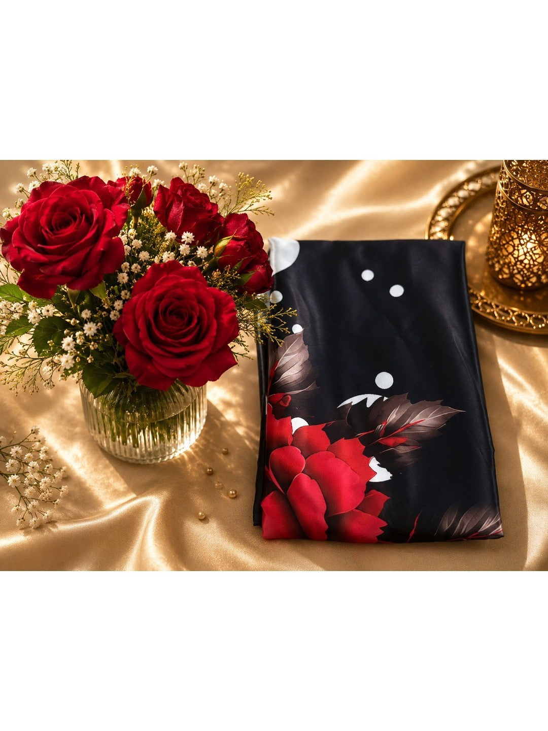 Graceful Cream Floral & Polka Dot Digital Printed Satin Saree with Artistic Print Work - Image 6