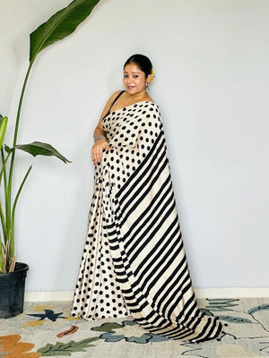 Classic Black & White Polka Printed Silk Crepe Saree Featuring Striped Pallu Design - Image 2