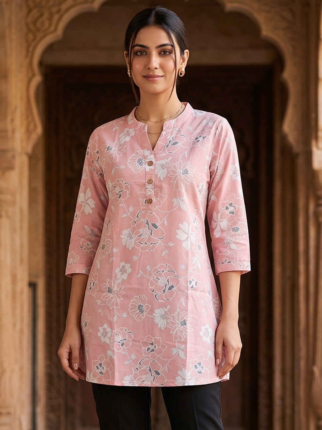 Baby Pink Floral Printed Pure Cotton A-Line Casual Top - Image 1