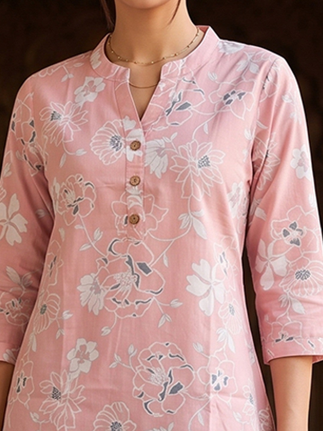 Baby Pink Floral Printed Pure Cotton A-Line Casual Top - Image 2