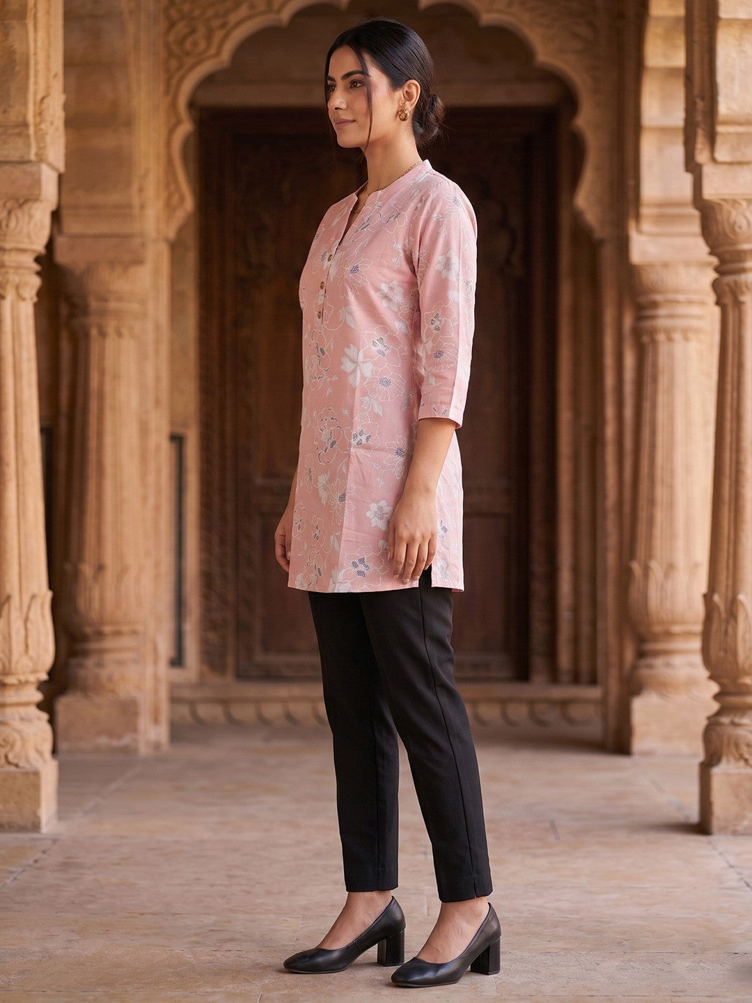 Baby Pink Floral Printed Pure Cotton A-Line Casual Top - Image 4