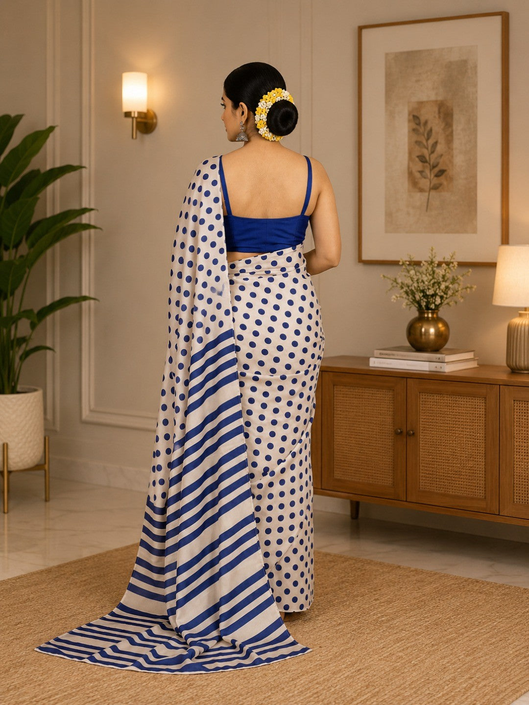 Classic Navy Blue & White Polka Printed Silk Crepe Saree Featuring Striped Pallu Design - Image 2