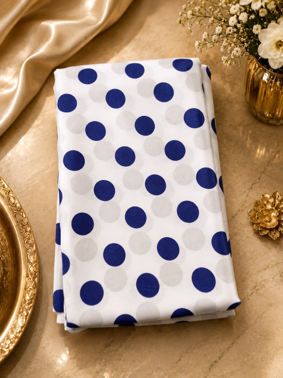 Classic Navy Blue & White Polka Printed Silk Crepe Saree Featuring Striped Pallu Design - Image 4