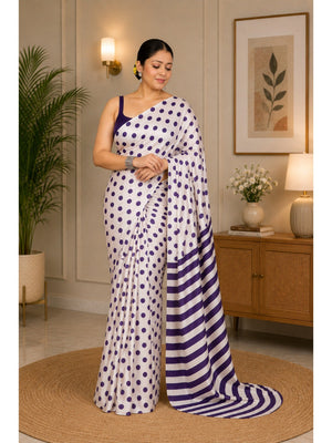 Classic Purple & White Polka Printed Silk Crepe Saree Featuring Striped Pallu Design - Image 1