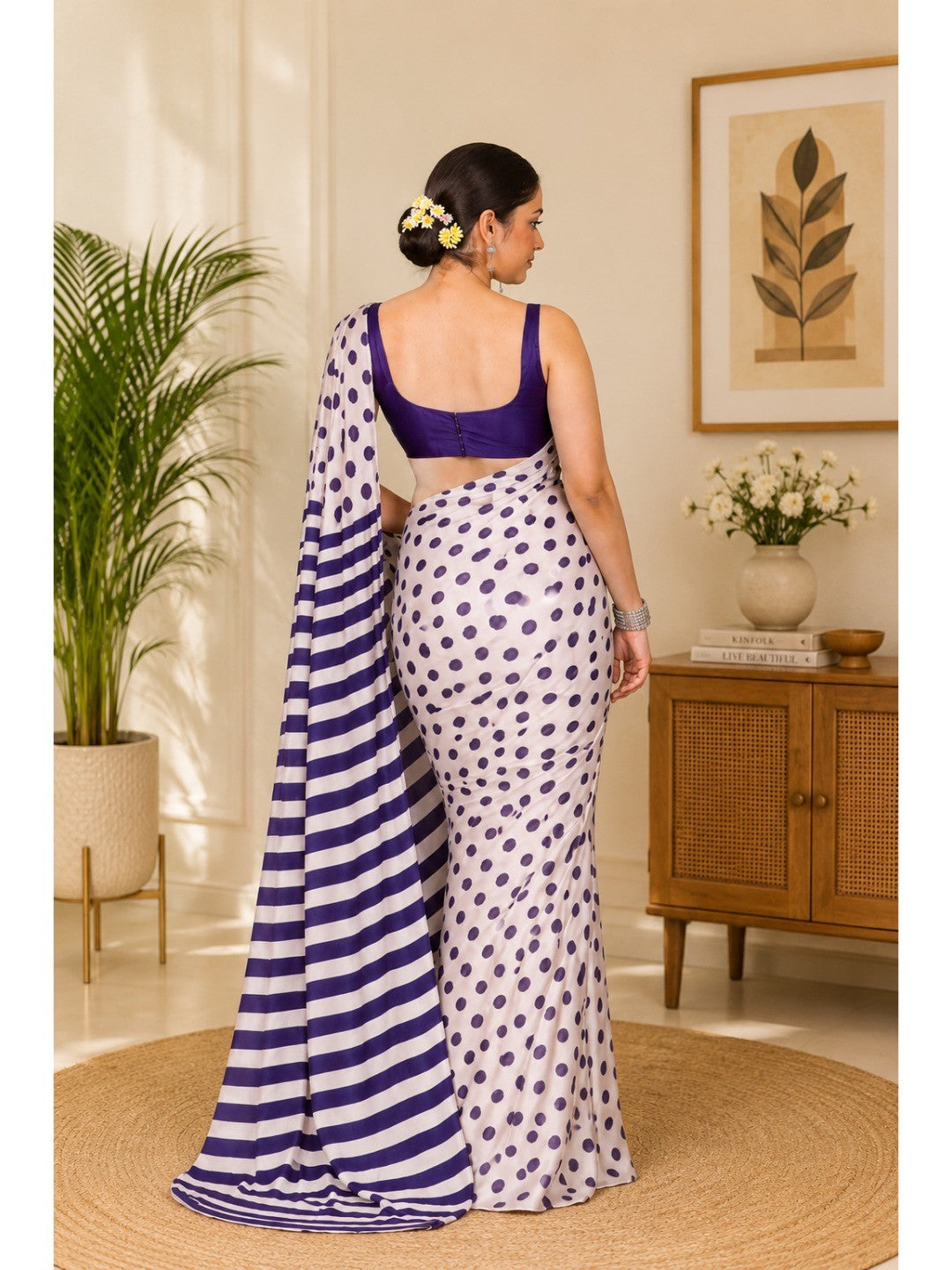 Classic Purple & White Polka Printed Silk Crepe Saree Featuring Striped Pallu Design - Image 2