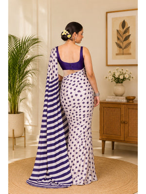 Classic Purple & White Polka Printed Silk Crepe Saree Featuring Striped Pallu Design - Image 2